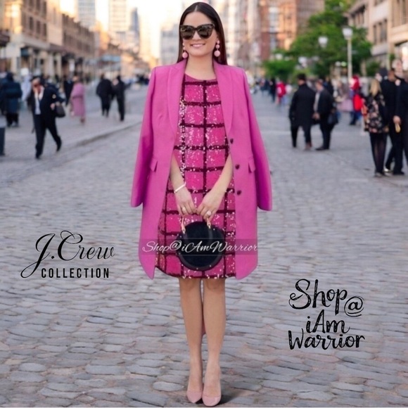 J.Crew Collection rare fuchsia pink & black windowpane sequin shift dress - Picture 4 of 13